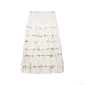 Women's Elegant Cream White Tiered Skirt French Style Layered Ruffle Cake Maxi Skirt High Waist Elastic Lightweight Polyester Satin Texture Casual