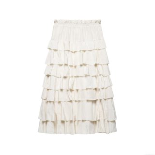 Women's Elegant Cream White Tiered Skirt French Style Layered Ruffle Cake Maxi Skirt High Waist Elastic Lightweight Polyester Satin Texture Casual