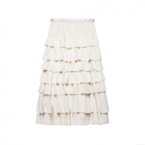 Women's Elegant Cream White Tiered Skirt French Style Layered Ruffle Cake Maxi Skirt High Waist Elastic Lightweight Polyester Satin Texture Casual