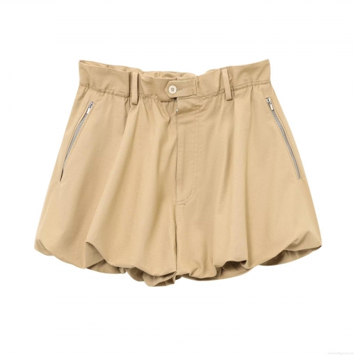 Women's Trendy Khaki Bubble Hem Shorts Cotton Polyester Blend High Waist Pleated Casual Bottoms With Metal Zipper Decoration Sweet Style Short Pants For Summer Vacation Party