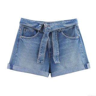 Women's High Waisted Cotton Denim Shorts With Belt Casual Sweet Summer Washed Cuffed Hem Rolled Edge Short Pants For Ladies Travel Beach Wear