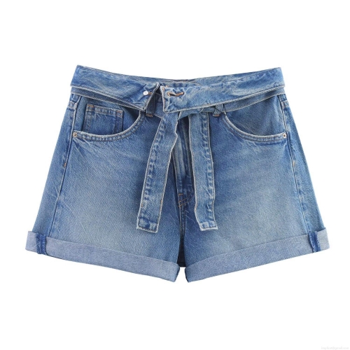 Women's High Waisted Cotton Denim Shorts With Belt Casual Sweet Summer Washed Cuffed Hem Rolled Edge Short Pants For Ladies Travel Beach Wear