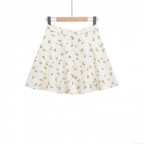 Women Summer Lemon Print High Waist A-Line Mini Skirt Single Breasted Casual Short Skirt For Holiday Vacation Beach Sweet Polyester Skirt