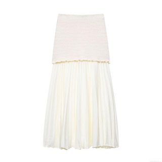Women's Sexy Patchwork Knit Pleated Maxi Skirt High Waist Bodycon Chiffon Long Skirt Slim Fit Streetwear Party Club Skirt Cream White