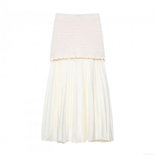 Women's Sexy Patchwork Knit Pleated Maxi Skirt High Waist Bodycon Chiffon Long Skirt Slim Fit Streetwear Party Club Skirt Cream White