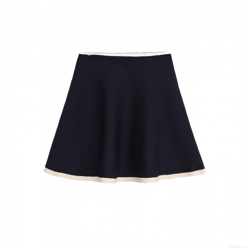 Women's Knitted A-Line Mini Skirt With Contrast Trim Navy Blue Elastic Waist Short Skirt For Casual Streetwear Women Fashion