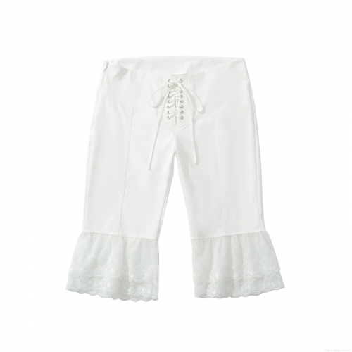 Women's Sweet White Lace Hem Shorts High Waist Drawstring Cotton Blend Summer Beach Boho Hot Pants With Metal Eyelets