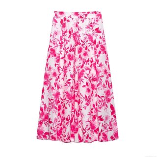 Women's Floral Print Midi Skirt Polyester High Waist A-Line Poplin Skirt Pink Flower Pattern Casual Sexy Summer Fashion Bottoms For Women