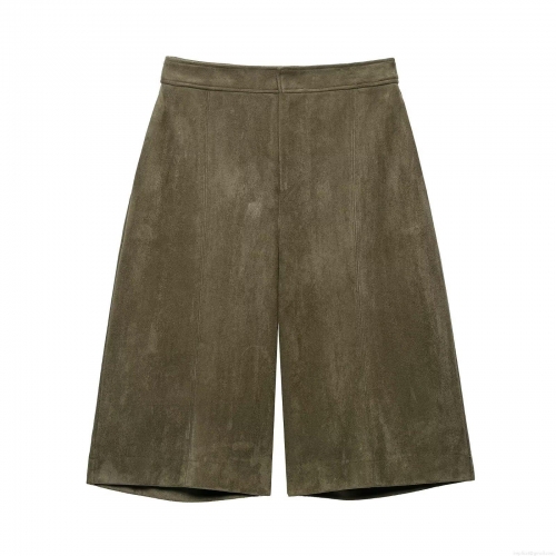 Women's High Waist Suede Wide Leg Shorts Solid Color Olive Green Sweet Casual Loose Shorts Fashion Retro Suede Texture Bottoms for Women