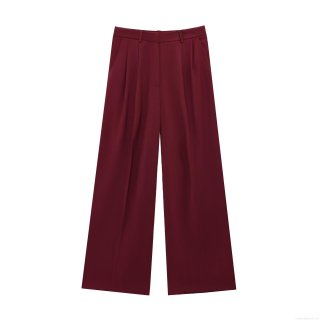 Elegant Burgundy High Waist Wide Leg Suit Pants Women's Office Career Drapey Twill Straight Trousers Casual Minimalist Slim Fit Long Trousers