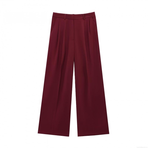 Elegant Burgundy High Waist Wide Leg Suit Pants Women's Office Career Drapey Twill Straight Trousers Casual Minimalist Slim Fit Long Trousers