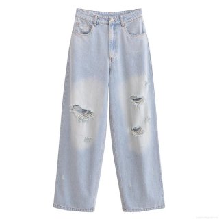 Women's High Waisted Ripped Denim Jeans Fashion Wide Leg Straight Leg Pants Casual Light Blue Distressed Cotton Blend Denim Trousers for Streetwear