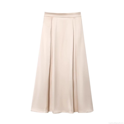 Women's Elegant Satin Midi Skirt High Waist A-Line Champagne Apricot Silk Texture Flowy Long Skirt For Party Daily Streetwear