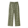 Women Fashion Leopard Print High Waisted Wide Leg Pants Casual Straight Long Trousers Polyester Olive Green Animal Print Bottoms