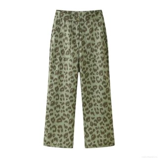 Women Fashion Leopard Print High Waisted Wide Leg Pants Casual Straight Long Trousers Polyester Olive Green Animal Print Bottoms