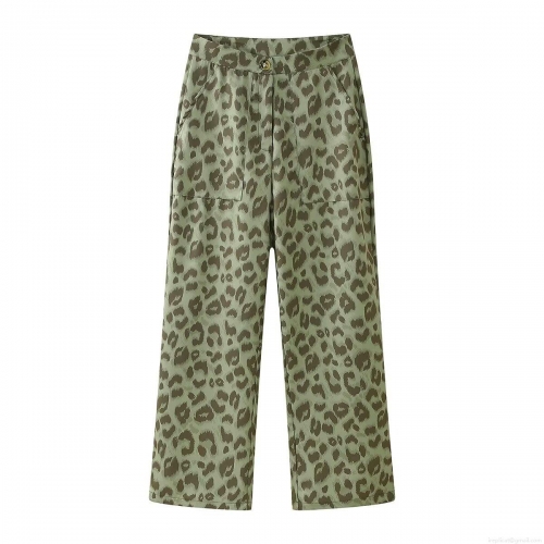 Women Fashion Leopard Print High Waisted Wide Leg Pants Casual Straight Long Trousers Polyester Olive Green Animal Print Bottoms