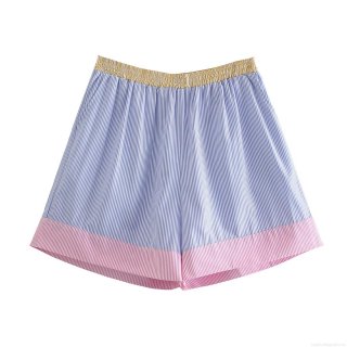 Women's Striped Shorts 100% Polyester Color Block Patchwork Casual Beach Shorts Sweet High Waist Elastic Waist Summer Bottoms For Women Fashion Bottoms
