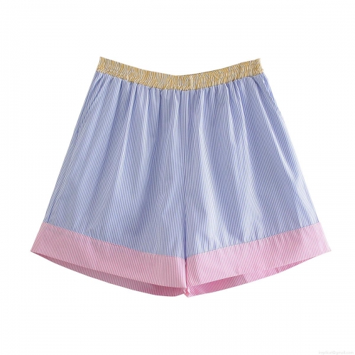 Women's Striped Shorts 100% Polyester Color Block Patchwork Casual Beach Shorts Sweet High Waist Elastic Waist Summer Bottoms For Women Fashion Bottoms