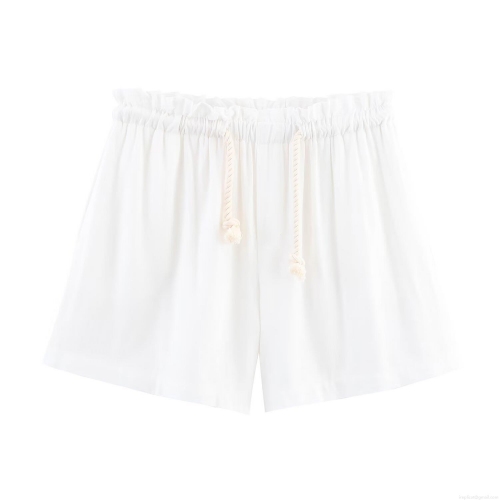 Women's Casual Linen Blend Shorts Elastic Waist Drawstring Summer Beach Short Pants With Pockets Solid White Relaxed Fit Daily Wear