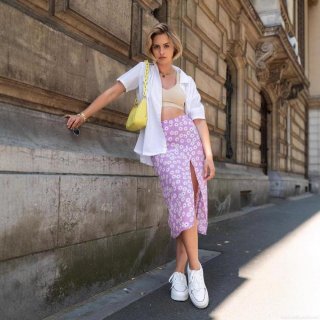 Women's Elegant Pink Daisy Floral Print Midi Skirt High Side Slit Hidden Zipper Polyester Woven Skirt For Casual Vacation Streetwear