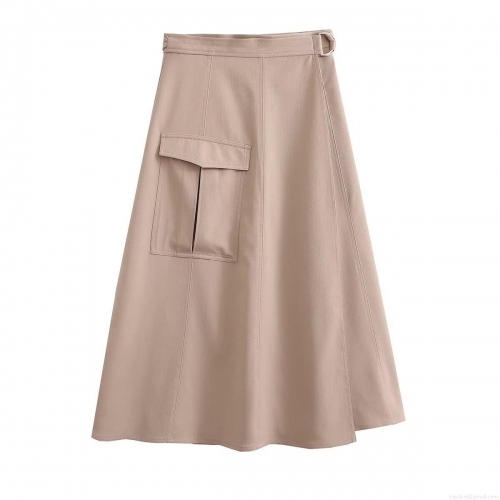Women's High Waisted Cargo Midi Skirt 100% Polyester Solid Color With D-Ring Belt And 3D Pocket Casual Streetwear A-Line Skirt For Women Daily Wear