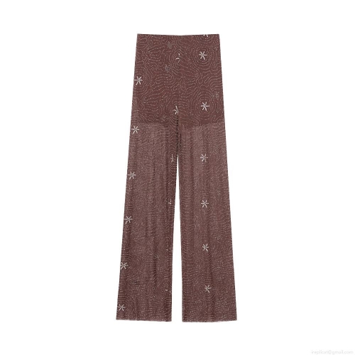 Women's High Waist Sequin Mesh Pants Elegant Beaded Sheer Wide Leg Trousers Coffee Brown Embroidery For Party Night Club Vacation