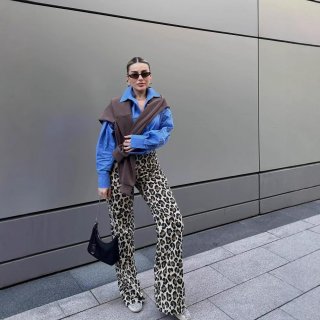 Women's Fashion Leopard Print High Waist Straight Leg Trousers Elastic Waist Polyester Woven Casual Streetwear Long Pants