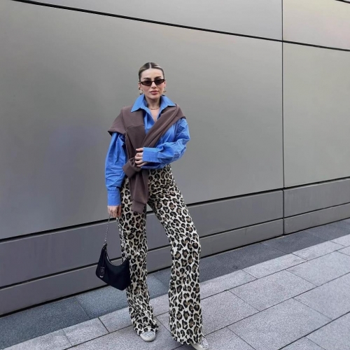 Women's Fashion Leopard Print High Waist Straight Leg Trousers Elastic Waist Polyester Woven Casual Streetwear Long Pants