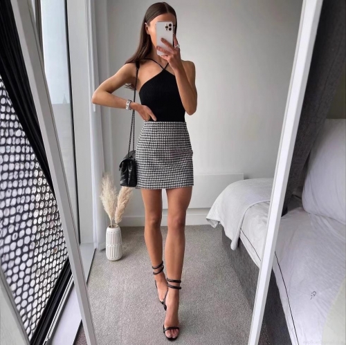 Women's Classic Black And White Houndstooth Mini Skirt High Waist A-Line Bodycon Pencil Skirt With Metal Zipper Streetwear Casual Party Short Skirt