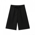 Women's High Waist Pleated Wide Leg Shorts With Bow Tie Belt Casual Solid Black Polyester Shorts For Summer Daily Fashion Wear