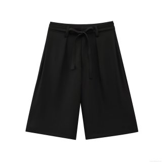 Women's High Waist Pleated Wide Leg Shorts With Bow Tie Belt Casual Solid Black Polyester Shorts For Summer Daily Fashion Wear