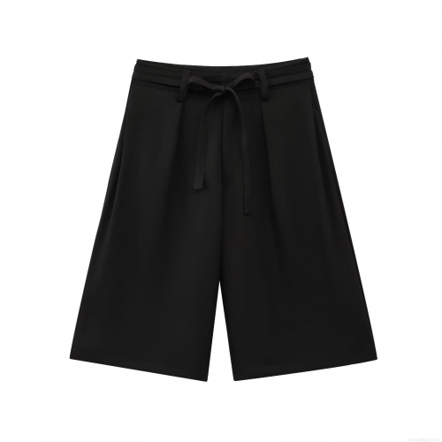 Women's High Waist Pleated Wide Leg Shorts With Bow Tie Belt Casual Solid Black Polyester Shorts For Summer Daily Fashion Wear