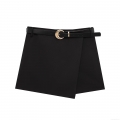 Women's Fashion Black Wrap Skort With Gold Moon Buckle Belt High Waist Mini Skirt Shorts For Summer Casual Party Sweet Style Ladies Clothing