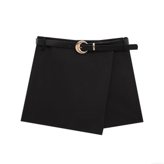 Women's Fashion Black Wrap Skort With Gold Moon Buckle Belt High Waist Mini Skirt Shorts For Summer Casual Party Sweet Style Ladies Clothing