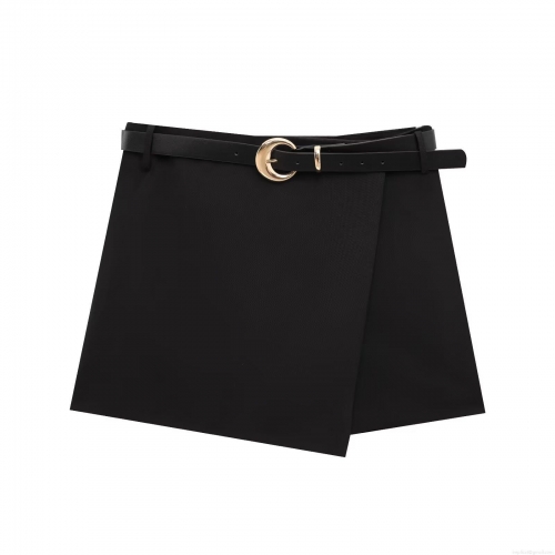 Women's Fashion Black Wrap Skort With Gold Moon Buckle Belt High Waist Mini Skirt Shorts For Summer Casual Party Sweet Style Ladies Clothing