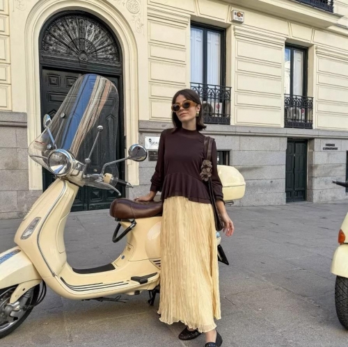 Women's Casual Pleated Maxi Skirt Solid Yellow High Waist Flowy Chiffon Texture Polyester Long Skirt Western Style Streetwear A-line Skirt For Summer Vacation