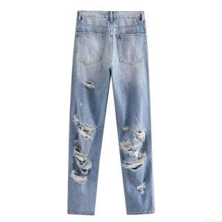 Women's Distressed Straight Leg Jeans High Waist Washed Blue Ripped Cotton Denim Pants Casual Streetwear Fashion Jeans Retro Style