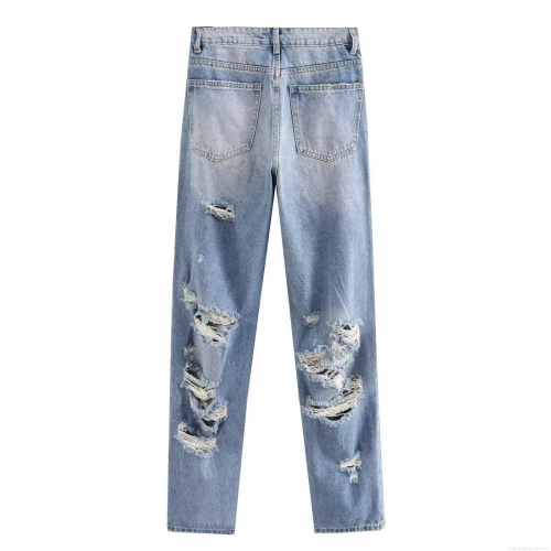 Women's Distressed Straight Leg Jeans High Waist Washed Blue Ripped Cotton Denim Pants Casual Streetwear Fashion Jeans Retro Style
