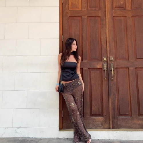 Women Sexy Sequin Rhinestone Star Pattern Mesh Wide Leg Pants High Waisted Sheer See-Through Beach Vacation Trousers Clubwear Party Brown Pants