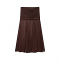 Women Sexy Ruched Chiffon Maxi Skirt Semi-Transparent Bodycon High Waist Pleated Long Skirt for Street Clubwear Party Dark Brown