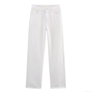 Women's White Studded Straight Leg Jeans Denim Rivet Trimmed High Waist Casual Streetwear Pants For Women