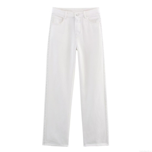 Women's White Studded Straight Leg Jeans Denim Rivet Trimmed High Waist Casual Streetwear Pants For Women