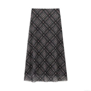 Women's Elegant Grey Plaid A-Line Mesh Skirt High Waist Long Maxi Skirt Vintage Streetwear Casual Versatile Bottoms for Women