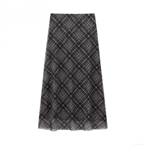 Women's Elegant Grey Plaid A-Line Mesh Skirt High Waist Long Maxi Skirt Vintage Streetwear Casual Versatile Bottoms for Women