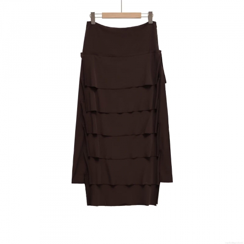 Women's High Waist Tiered Skirt Elegant Polyester Solid Color Layered Cake Long Skirt Casual Street Style Brown Midi Skirt