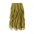 Women Casual Olive Green Chiffon Ruffle Tiered Midi Skirt Elastic Waist Flowy A-Line Cake Skirt For Vacation Beach Daily INS Style Solid Color Bottoms