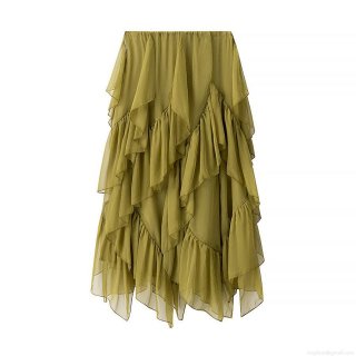 Women Casual Olive Green Chiffon Ruffle Tiered Midi Skirt Elastic Waist Flowy A-Line Cake Skirt For Vacation Beach Daily INS Style Solid Color Bottoms