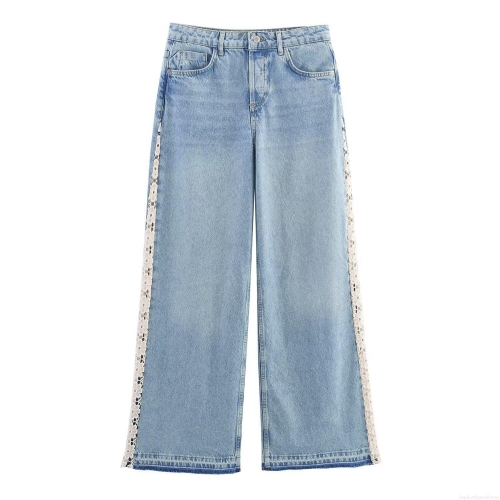 Women's High Waist Wide Leg Denim Jeans With Exquisite Side White Lace Patchwork Light Blue Washed Baggy Long Denim Pants Sexy Retro Streetwear For Ladies