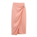 Women's Sexy Polyester Satin Wrap Midi Skirt Elegant High Waist Solid Color Bodycon Long Skirt With Gold Alloy Buckle For Party Streetwear