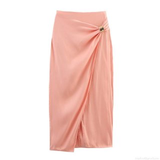Women's Sexy Polyester Satin Wrap Midi Skirt Elegant High Waist Solid Color Bodycon Long Skirt With Gold Alloy Buckle For Party Streetwear